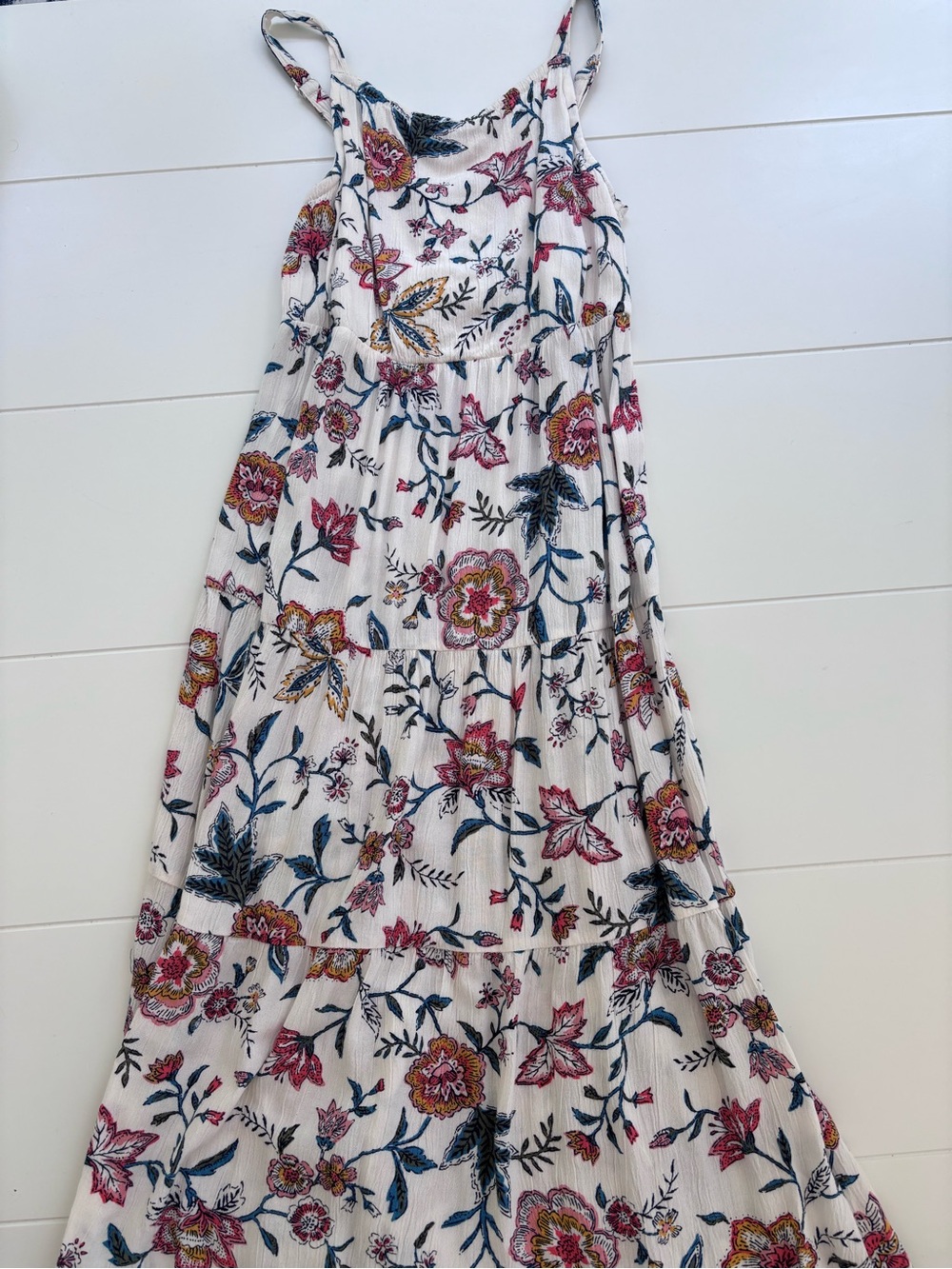 Old Navy White Maxi Dress with Pink, Blue & Yellow Floral Print